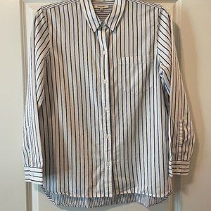 3/$40! Madewell White Black and Blue Striped Button Up High Low Shirt (Size L)
